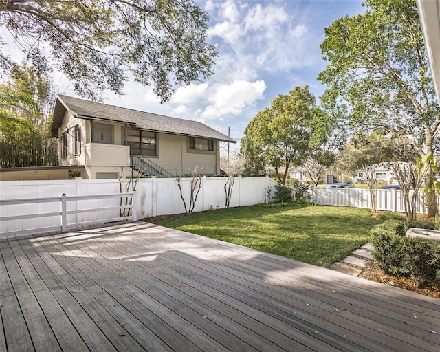 wooden deck with a yard and a fenced backyard