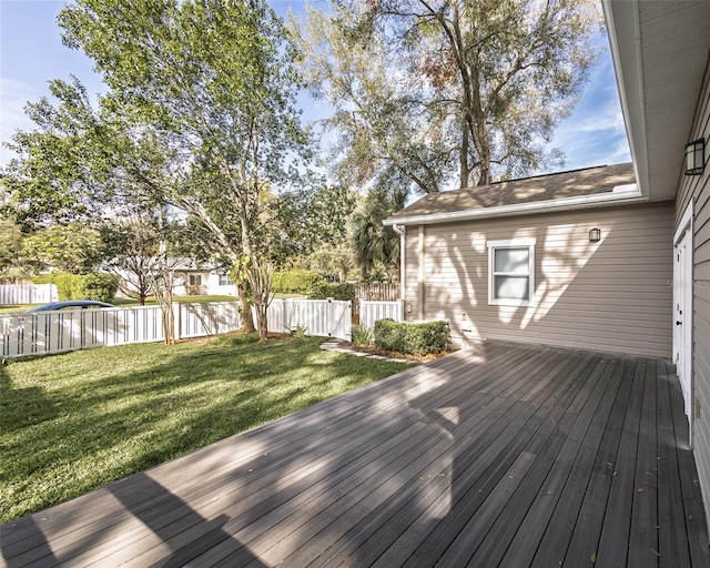 wooden deck with a lawn and fence