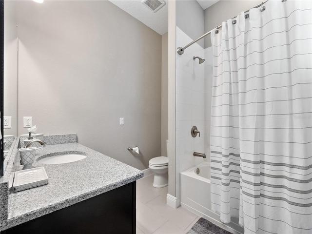 bathroom with vanity, visible vents, shower / bath combination with curtain, tile patterned floors, and toilet