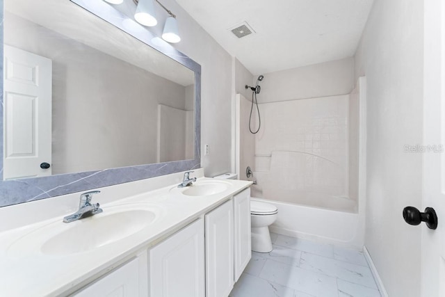 full bathroom with visible vents, marble finish floor, toilet, and a sink