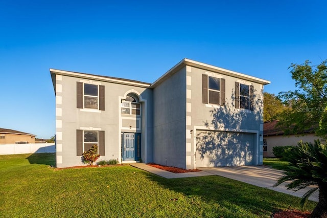 view of front of property featuring fence, stucco siding, concrete driveway, a front lawn, and a garage