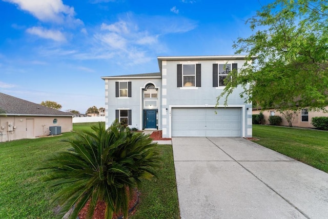 view of front of house featuring a front lawn, concrete driveway, stucco siding, cooling unit, and an attached garage