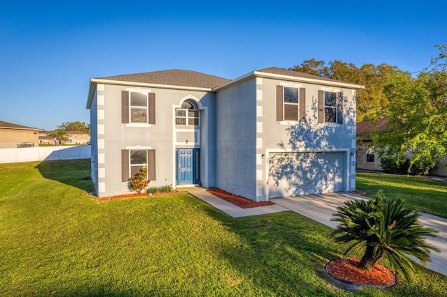 view of front of house featuring stucco siding, fence, concrete driveway, an attached garage, and a front yard