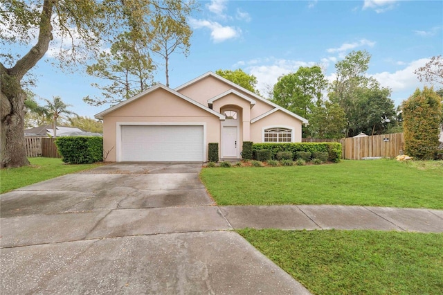 ranch-style house with stucco siding, concrete driveway, a front lawn, and fence