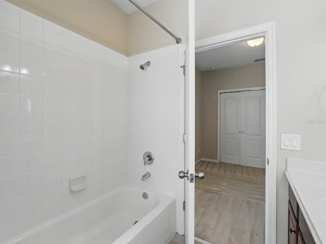 full bathroom with shower / bathing tub combination, visible vents, and vanity