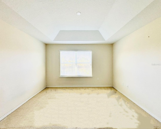 empty room with baseboards, a raised ceiling, and light carpet