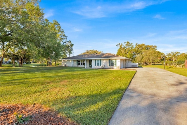 ranch-style house featuring driveway and a front yard