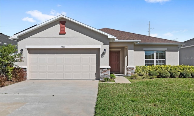 ranch-style home featuring an attached garage, stucco siding, concrete driveway, a front lawn, and stone siding