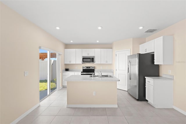 kitchen with visible vents, light countertops, stainless steel appliances, white cabinetry, and a sink