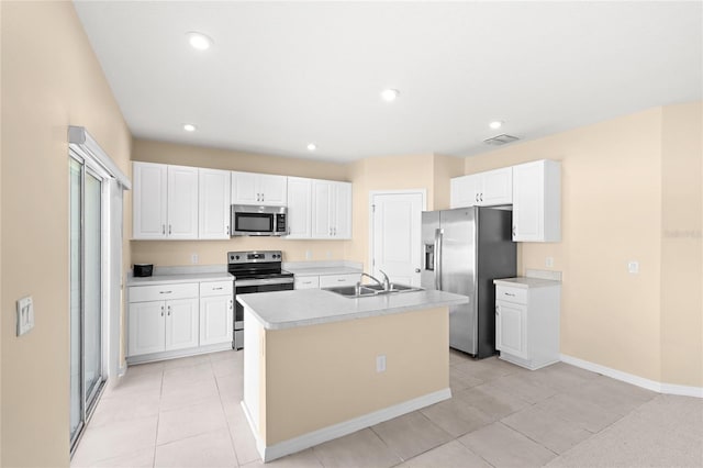 kitchen with visible vents, a sink, stainless steel appliances, light countertops, and white cabinets