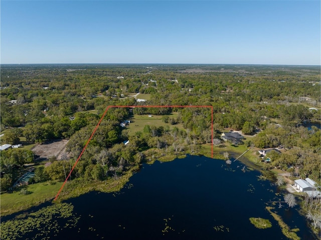 birds eye view of property with a forest view and a water view