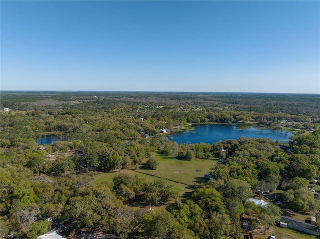 aerial view with a water view and a wooded view