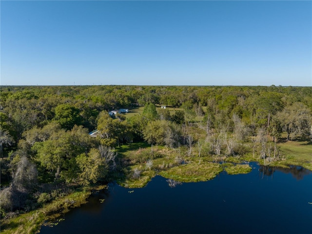 birds eye view of property with a view of trees and a water view