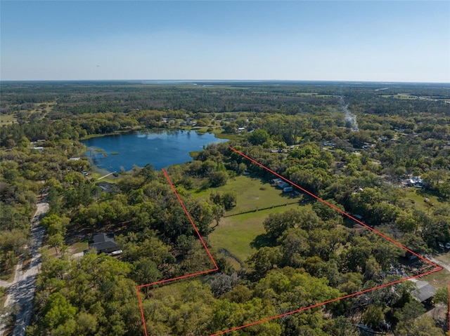 drone / aerial view with a forest view and a water view