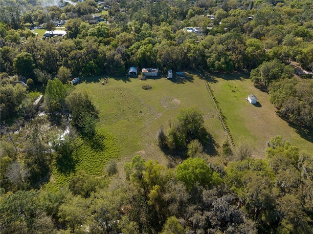 birds eye view of property featuring a wooded view