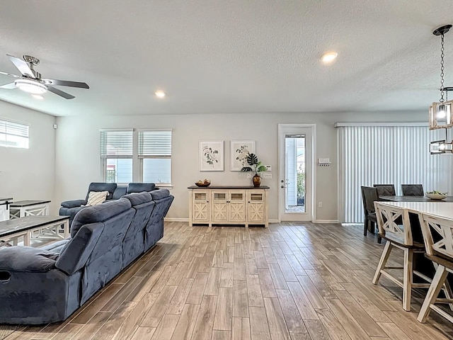 living room featuring a wealth of natural light, light wood finished floors, and a textured ceiling