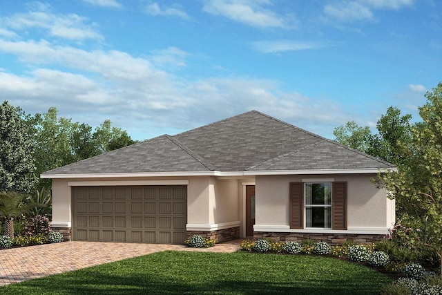 single story home with stucco siding, a front lawn, a garage, stone siding, and decorative driveway