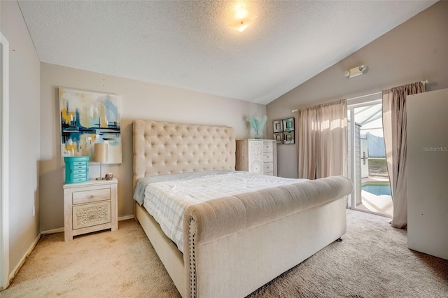 carpeted bedroom featuring vaulted ceiling, access to outside, baseboards, and a textured ceiling