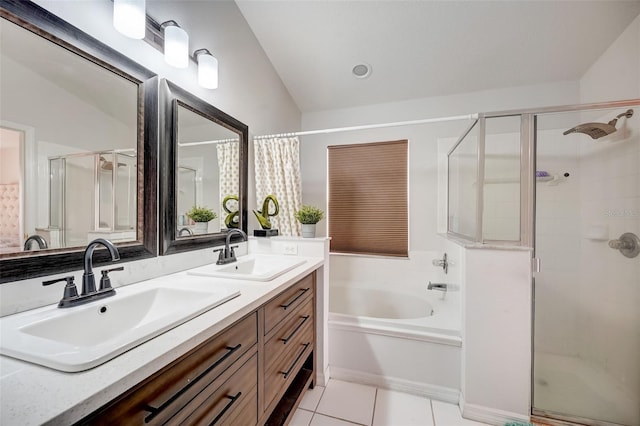 full bathroom with tile patterned floors, a shower stall, a bath, and a sink