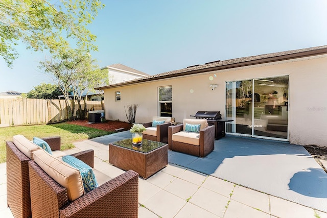 view of patio / terrace featuring central air condition unit, an outdoor hangout area, fence, and grilling area