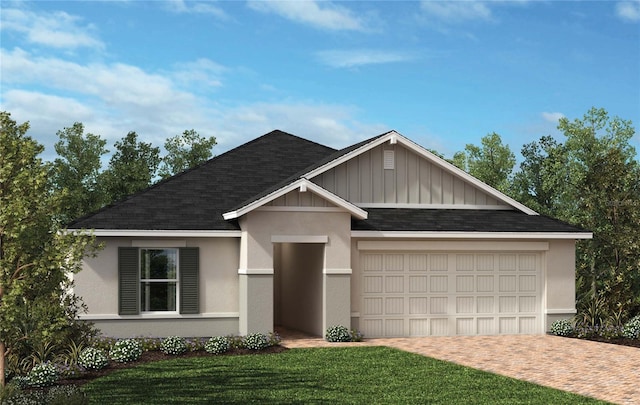 view of front facade with a front yard, roof with shingles, stucco siding, decorative driveway, and an attached garage