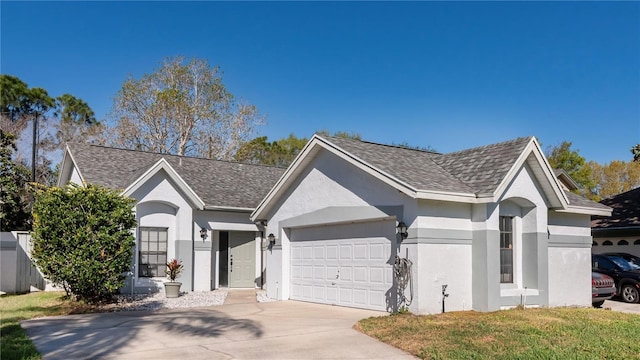 single story home featuring stucco siding, concrete driveway, a garage, and a shingled roof