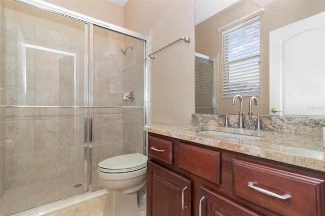 full bath with toilet, a stall shower, and vanity