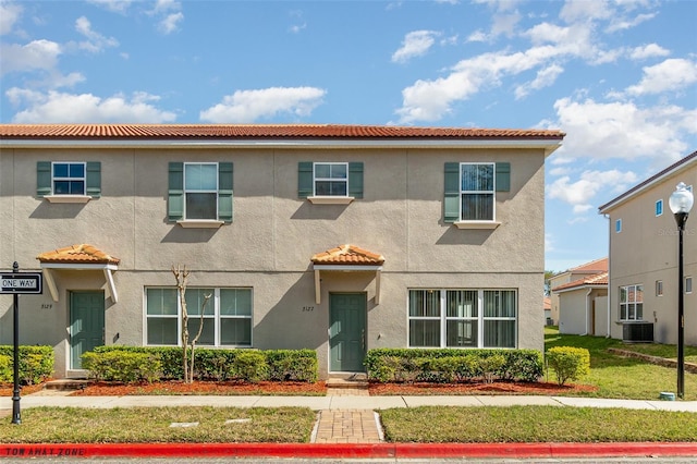 view of front of home with stucco siding, a tiled roof, and central AC