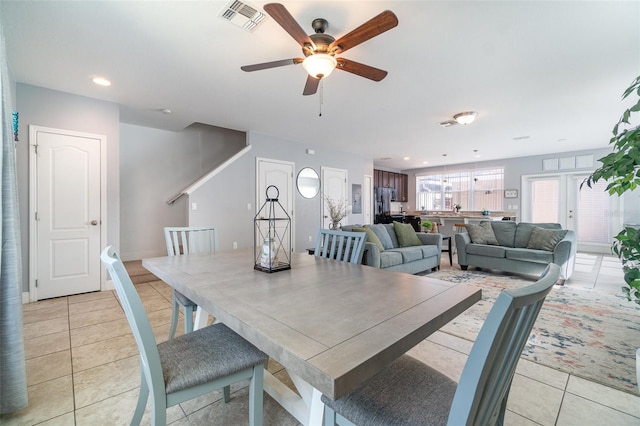 dining room with a ceiling fan, light tile patterned floors, recessed lighting, and visible vents