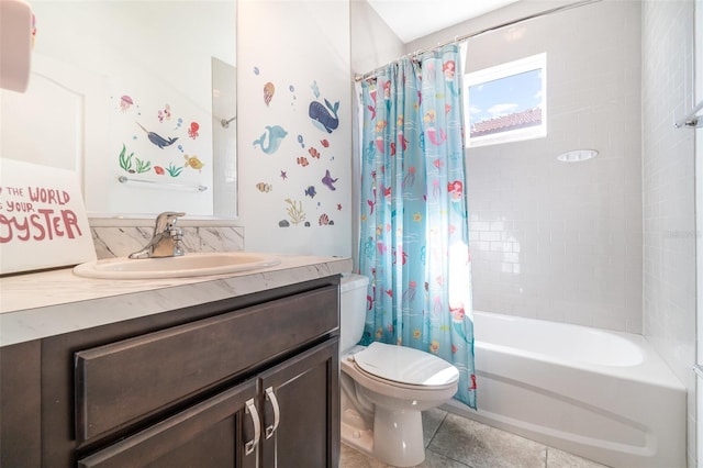 full bathroom featuring tile patterned floors, vanity, toilet, and shower / tub combo with curtain