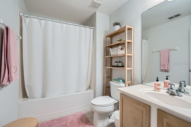 bathroom featuring visible vents, shower / bathtub combination with curtain, toilet, and vanity