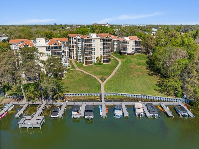 birds eye view of property featuring a water view