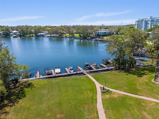 drone / aerial view featuring a water view