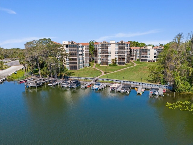 aerial view featuring a water view