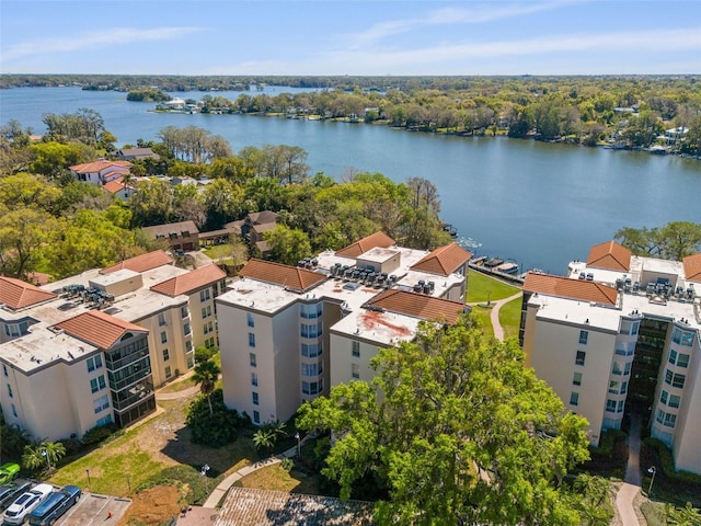 aerial view featuring a water view