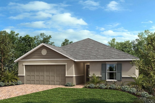 single story home featuring roof with shingles, stucco siding, a front lawn, a garage, and decorative driveway