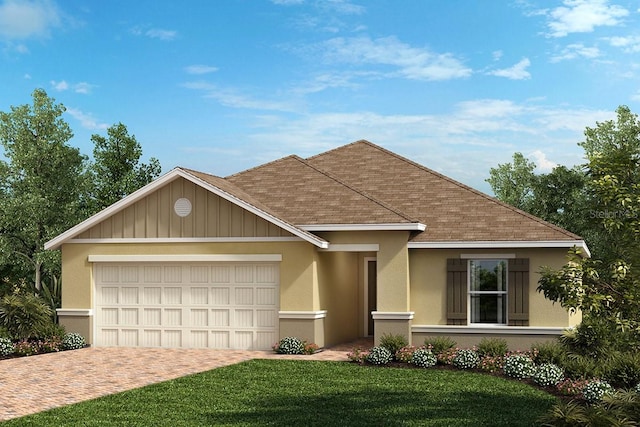 ranch-style home featuring stucco siding, a front lawn, decorative driveway, roof with shingles, and a garage