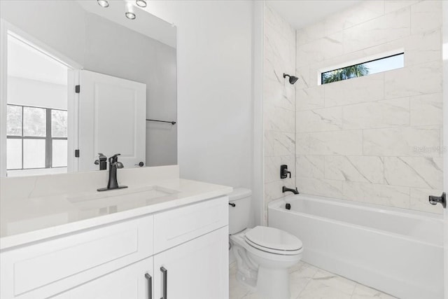 full bathroom with toilet, marble finish floor, bathtub / shower combination, and vanity