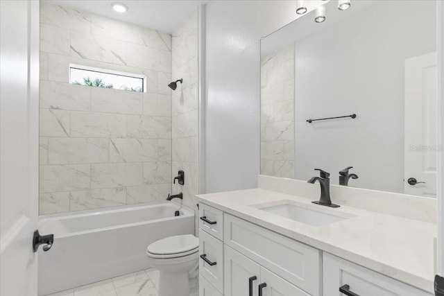 full bath with marble finish floor, vanity, toilet, and shower / tub combination