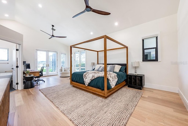 bedroom with baseboards, lofted ceiling, recessed lighting, light wood-style flooring, and french doors