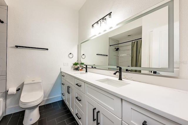 full bath with a shower with curtain, double vanity, toilet, and a sink