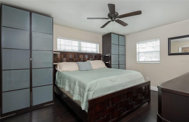 bedroom featuring multiple windows, dark wood-type flooring, and baseboards