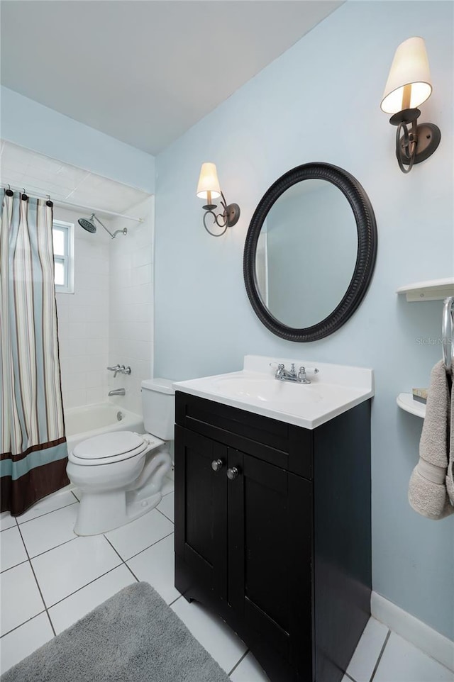 bathroom featuring vanity, shower / bathtub combination with curtain, baseboards, tile patterned flooring, and toilet