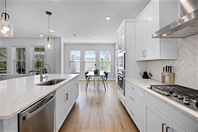 kitchen with tasteful backsplash, appliances with stainless steel finishes, wood finished floors, wall chimney exhaust hood, and a sink