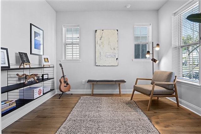 sitting room featuring wood finished floors, baseboards, and a healthy amount of sunlight