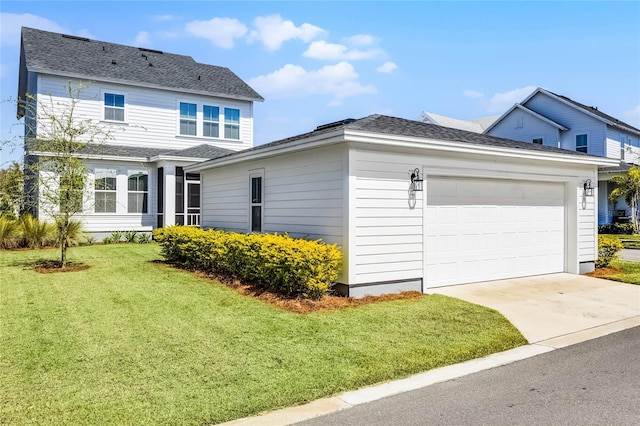 view of side of home featuring a lawn, a garage, and a shingled roof