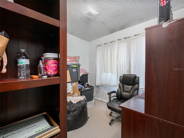 carpeted office space featuring a textured ceiling and vaulted ceiling