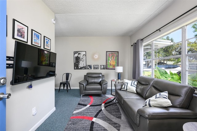 carpeted living room featuring baseboards and a textured ceiling