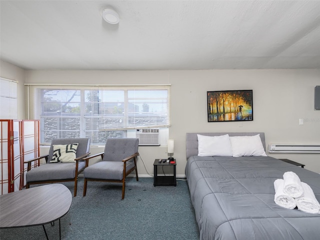 bedroom with a baseboard heating unit, multiple windows, cooling unit, and carpet floors