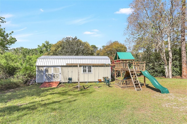 exterior space with a playground and an outdoor structure